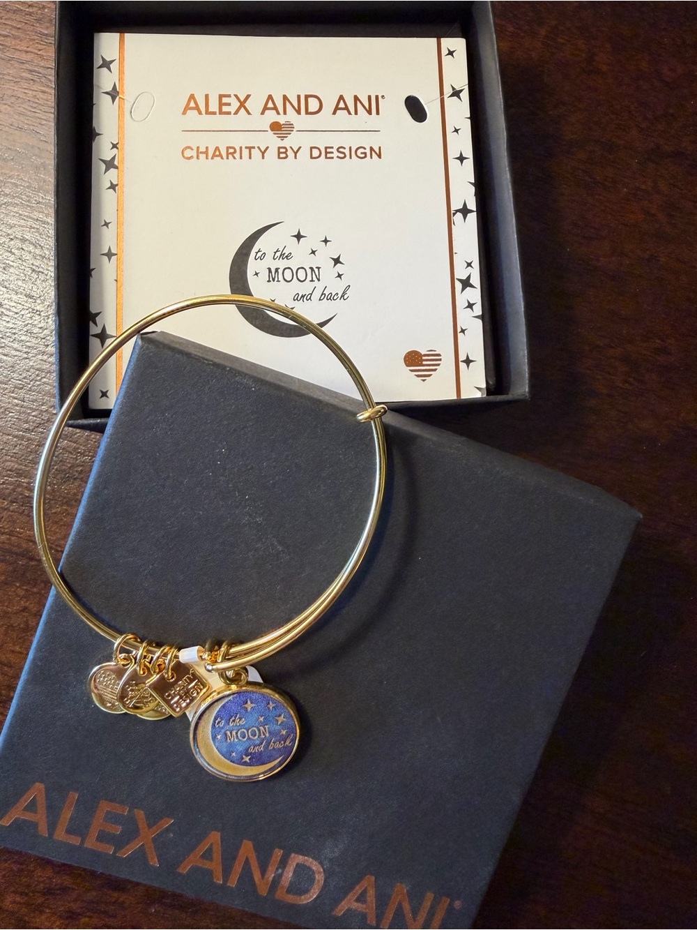 Alex and Ani Gold Moon Charm Bangle with Blue Accent